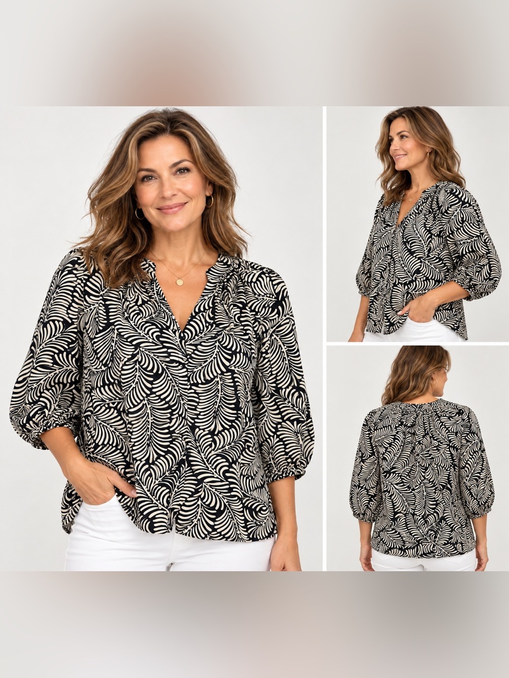 H&M Black and Cream Botanical Leaf-Print Button Front Blouse Puff Sleeve Medium